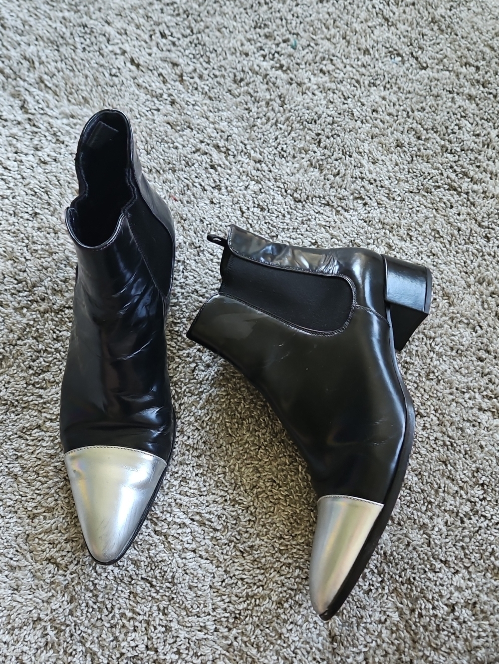 Prada Black Leather Chelsea Booties with Silver Cap Toe 37.5